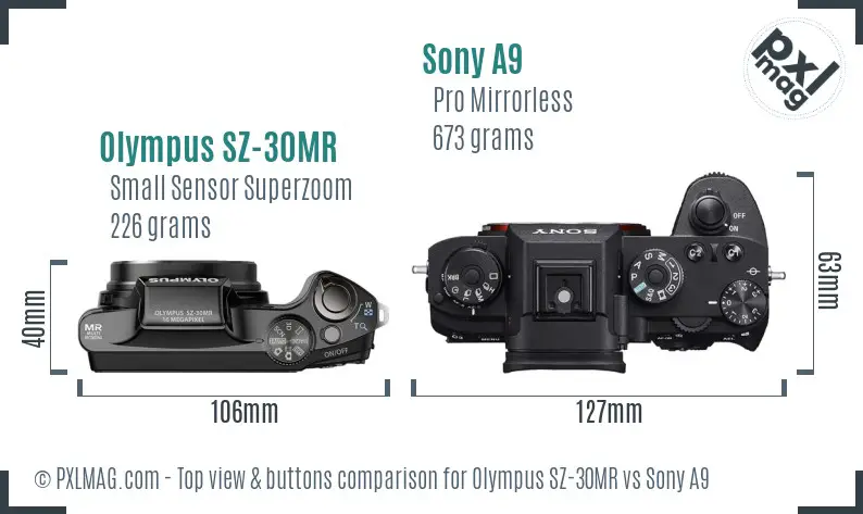 Olympus SZ-30MR vs Sony A9 top view buttons comparison