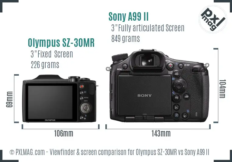 Olympus SZ-30MR vs Sony A99 II Screen and Viewfinder comparison