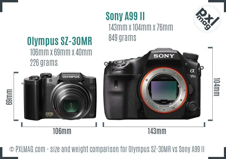 Olympus SZ-30MR vs Sony A99 II size comparison