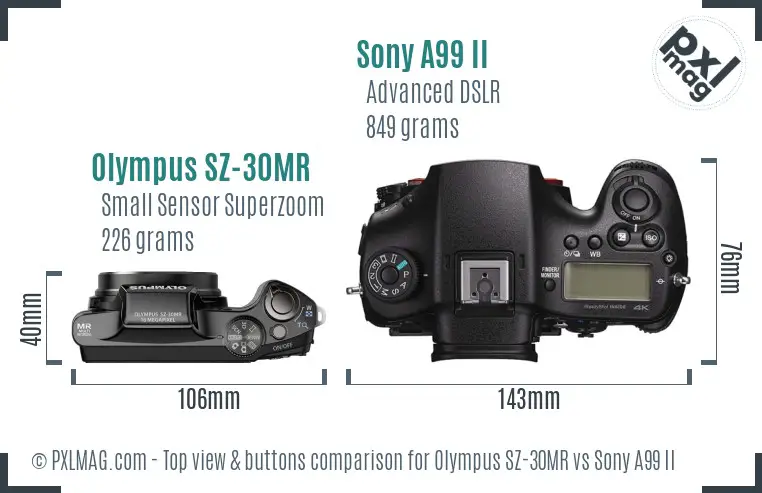 Olympus SZ-30MR vs Sony A99 II top view buttons comparison