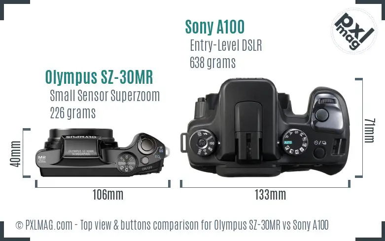 Olympus SZ-30MR vs Sony A100 top view buttons comparison