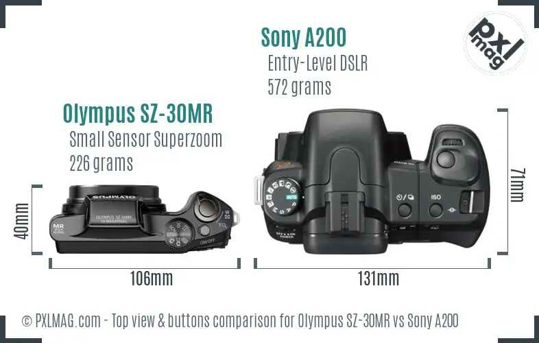 Olympus SZ-30MR vs Sony A200 top view buttons comparison