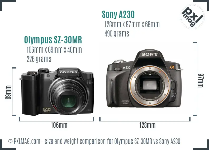 Olympus SZ-30MR vs Sony A230 size comparison