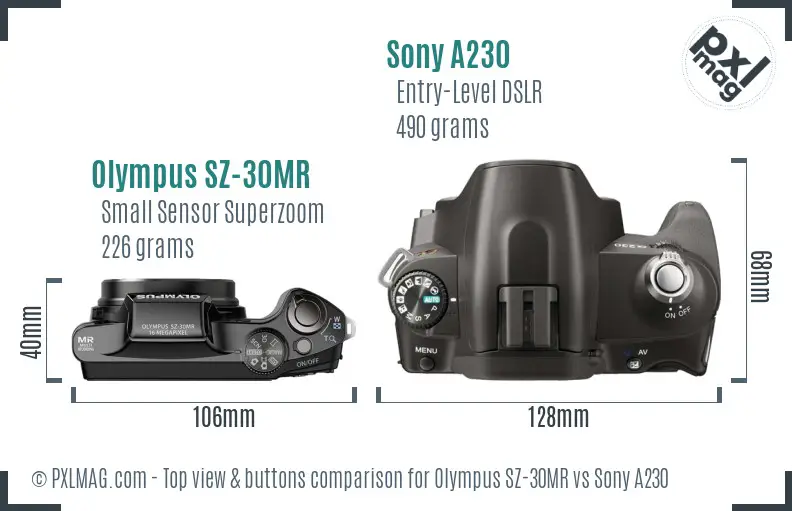 Olympus SZ-30MR vs Sony A230 top view buttons comparison