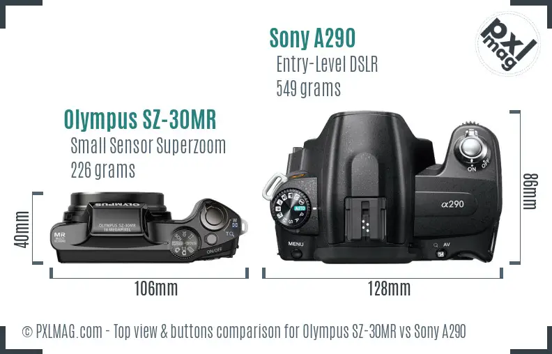 Olympus SZ-30MR vs Sony A290 top view buttons comparison