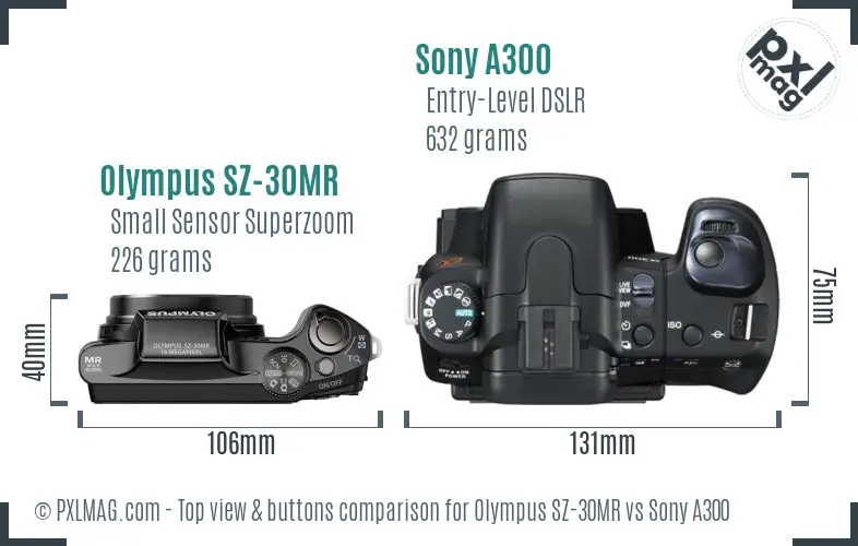 Olympus SZ-30MR vs Sony A300 top view buttons comparison