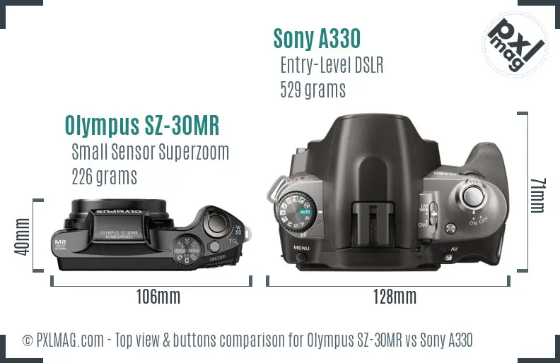 Olympus SZ-30MR vs Sony A330 top view buttons comparison