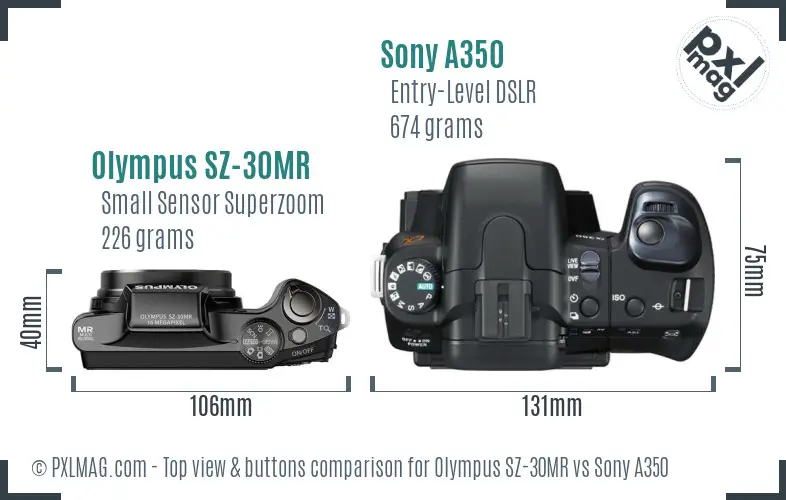 Olympus SZ-30MR vs Sony A350 top view buttons comparison