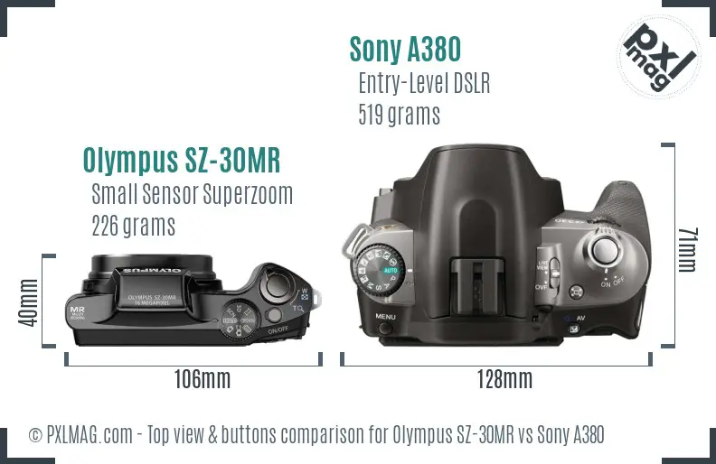 Olympus SZ-30MR vs Sony A380 top view buttons comparison