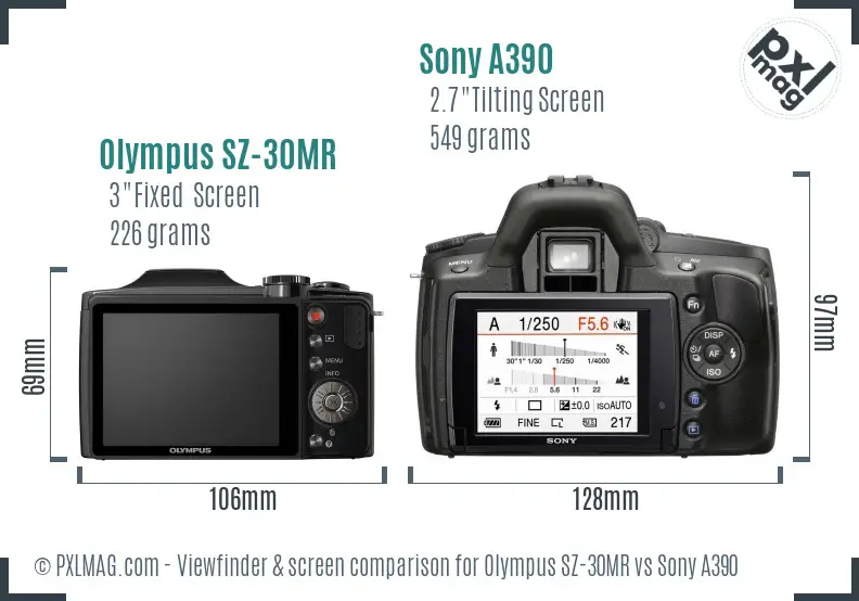 Olympus SZ-30MR vs Sony A390 Screen and Viewfinder comparison
