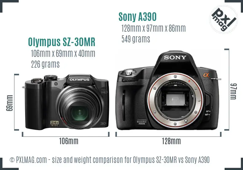 Olympus SZ-30MR vs Sony A390 size comparison