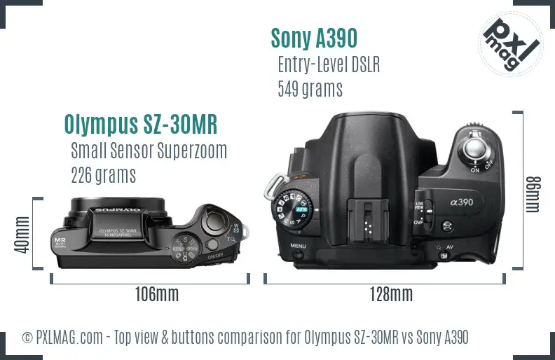 Olympus SZ-30MR vs Sony A390 top view buttons comparison