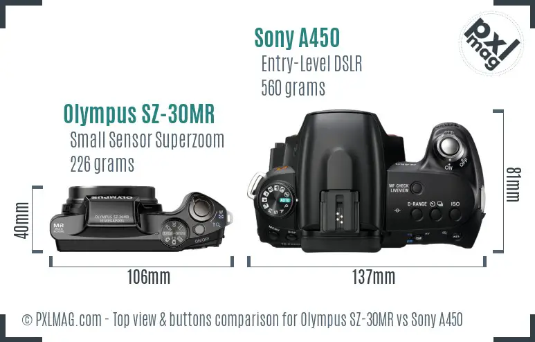 Olympus SZ-30MR vs Sony A450 top view buttons comparison