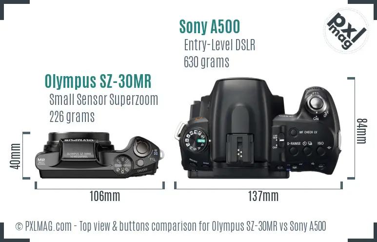 Olympus SZ-30MR vs Sony A500 top view buttons comparison
