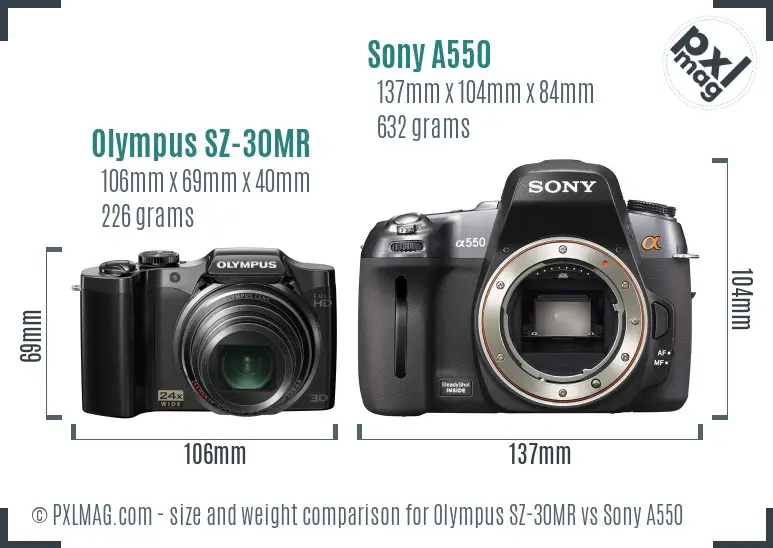 Olympus SZ-30MR vs Sony A550 size comparison