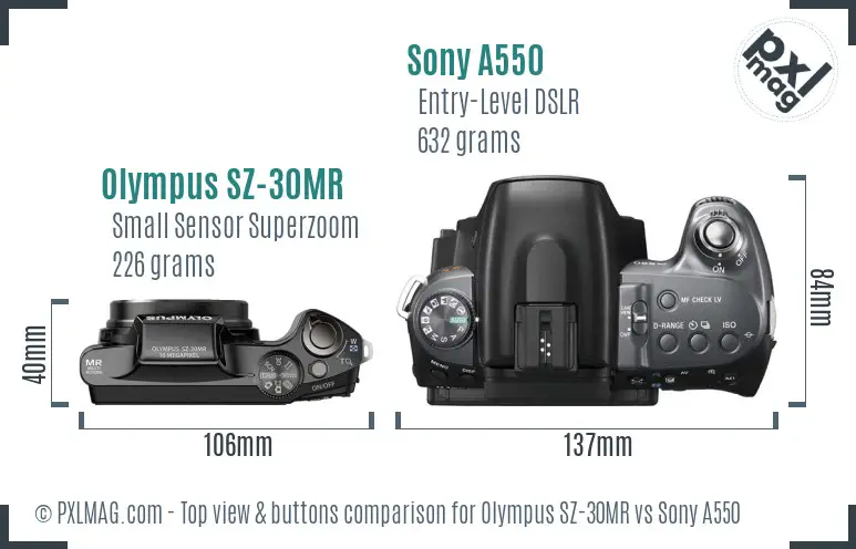 Olympus SZ-30MR vs Sony A550 top view buttons comparison