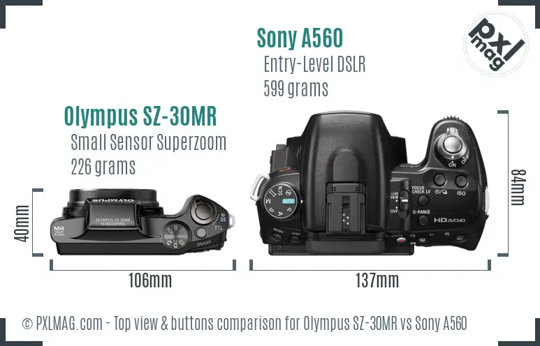 Olympus SZ-30MR vs Sony A560 top view buttons comparison