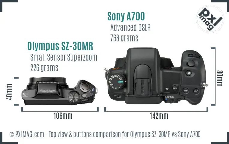 Olympus SZ-30MR vs Sony A700 top view buttons comparison