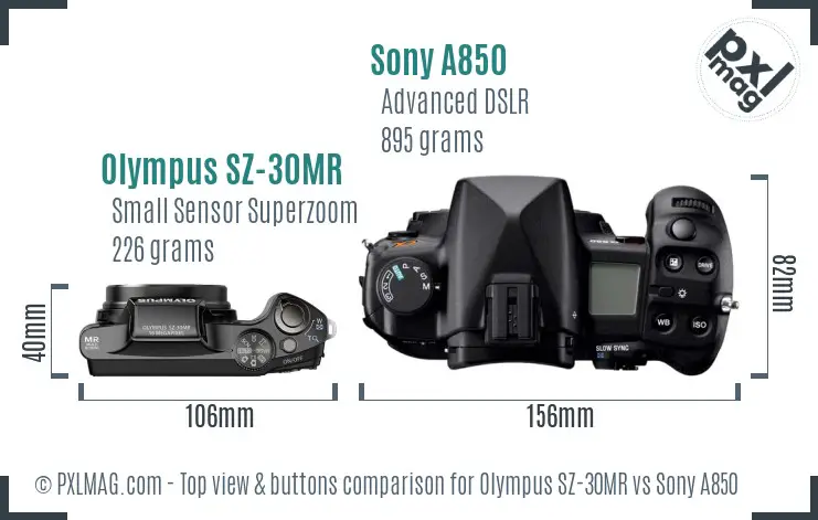 Olympus SZ-30MR vs Sony A850 top view buttons comparison