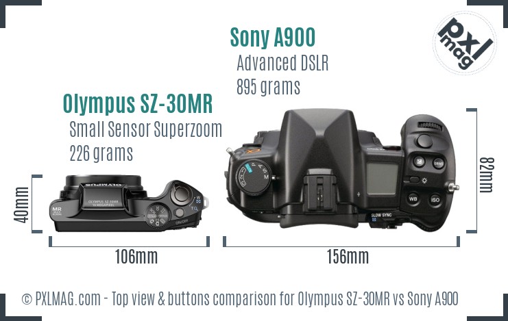 Olympus SZ-30MR vs Sony A900 top view buttons comparison