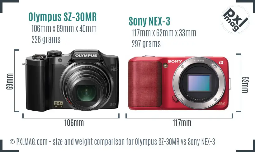 Olympus SZ-30MR vs Sony NEX-3 size comparison
