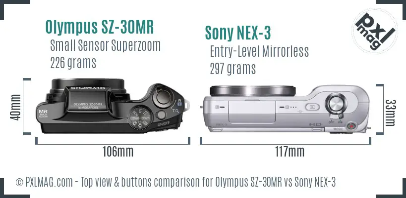 Olympus SZ-30MR vs Sony NEX-3 top view buttons comparison