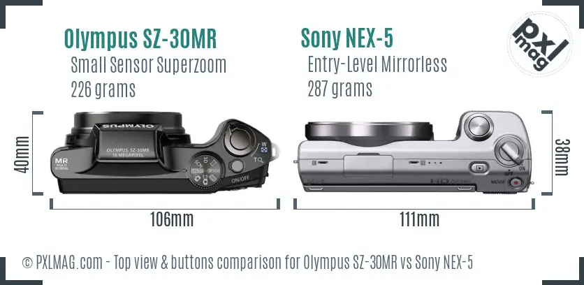 Olympus SZ-30MR vs Sony NEX-5 top view buttons comparison