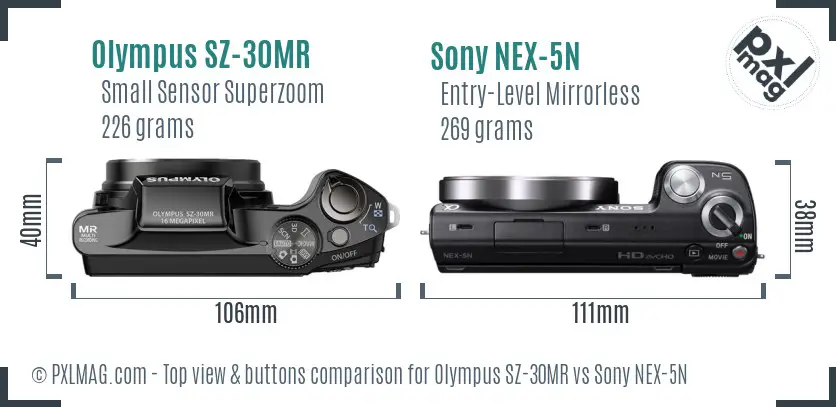Olympus SZ-30MR vs Sony NEX-5N top view buttons comparison