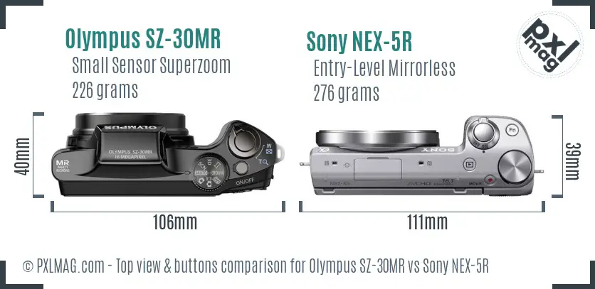 Olympus SZ-30MR vs Sony NEX-5R top view buttons comparison