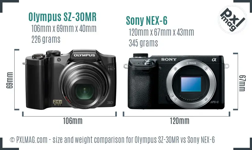 Olympus SZ-30MR vs Sony NEX-6 size comparison