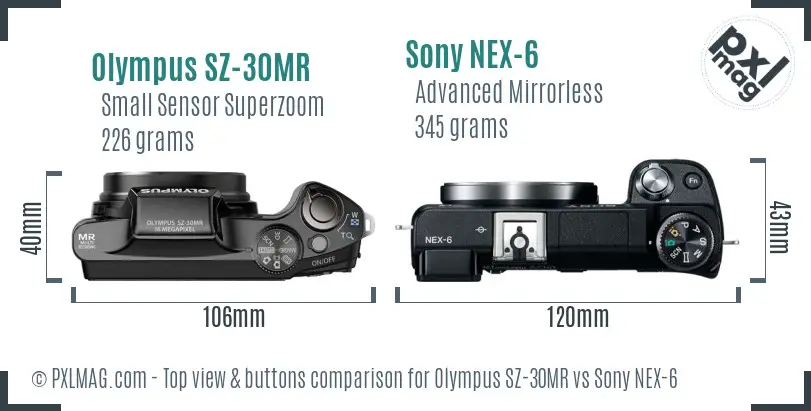 Olympus SZ-30MR vs Sony NEX-6 top view buttons comparison