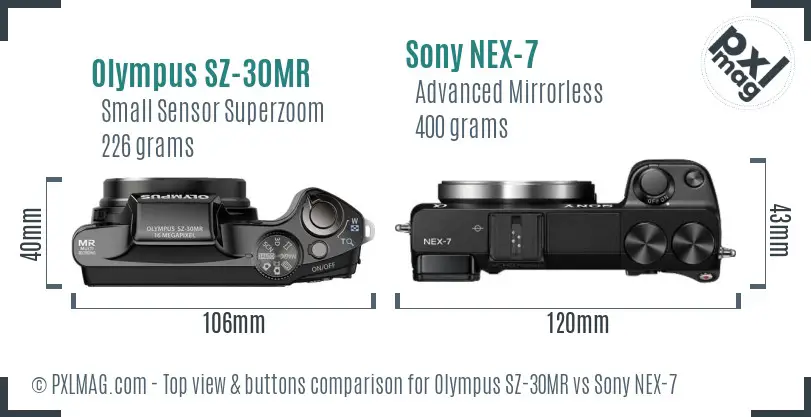 Olympus SZ-30MR vs Sony NEX-7 top view buttons comparison