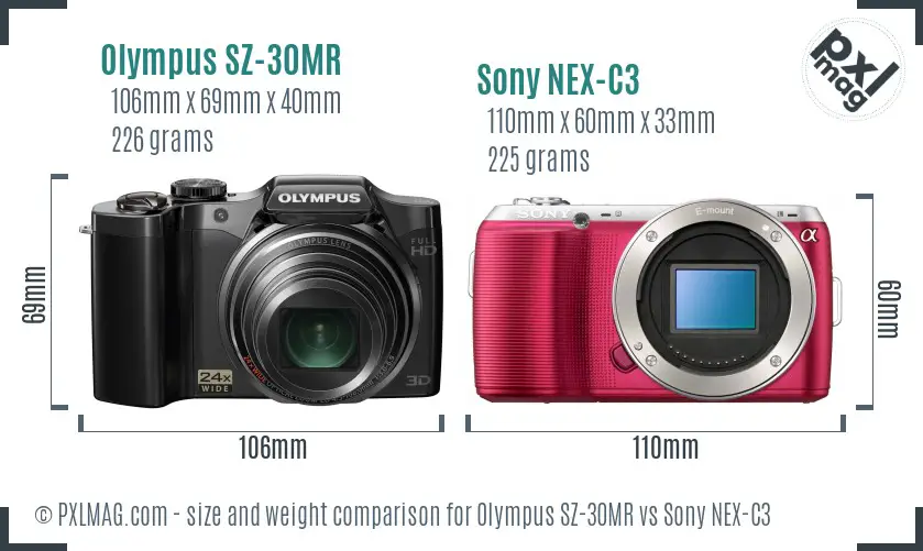 Olympus SZ-30MR vs Sony NEX-C3 size comparison