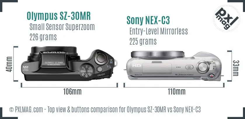 Olympus SZ-30MR vs Sony NEX-C3 top view buttons comparison