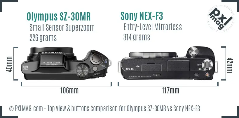 Olympus SZ-30MR vs Sony NEX-F3 top view buttons comparison