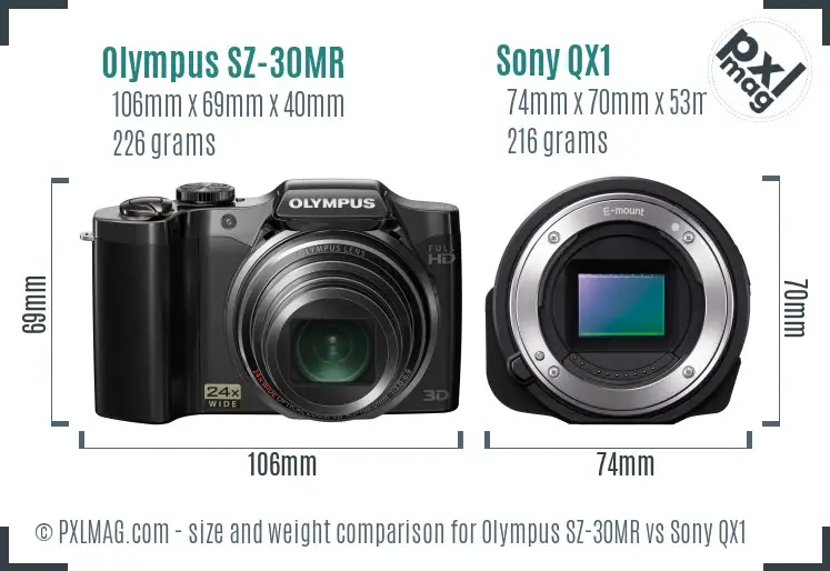 Olympus SZ-30MR vs Sony QX1 size comparison