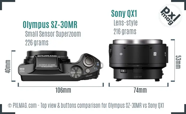 Olympus SZ-30MR vs Sony QX1 top view buttons comparison