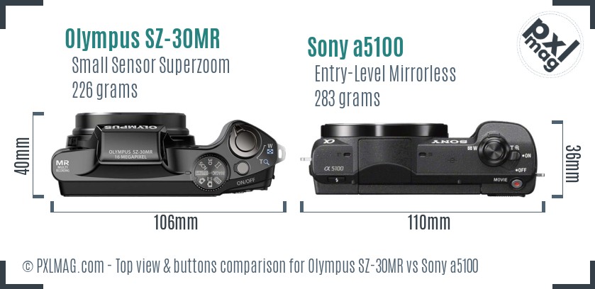 Olympus SZ-30MR vs Sony a5100 top view buttons comparison