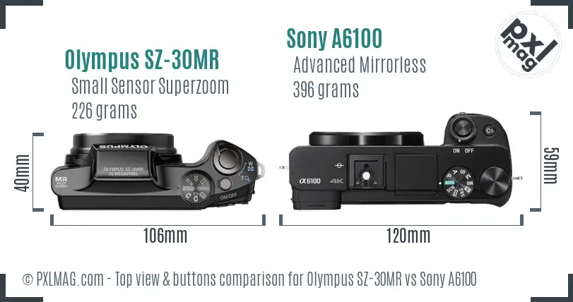 Olympus SZ-30MR vs Sony A6100 top view buttons comparison
