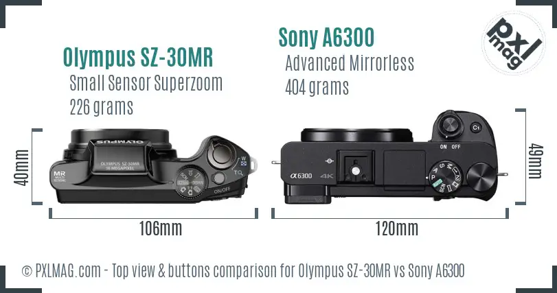 Olympus SZ-30MR vs Sony A6300 top view buttons comparison