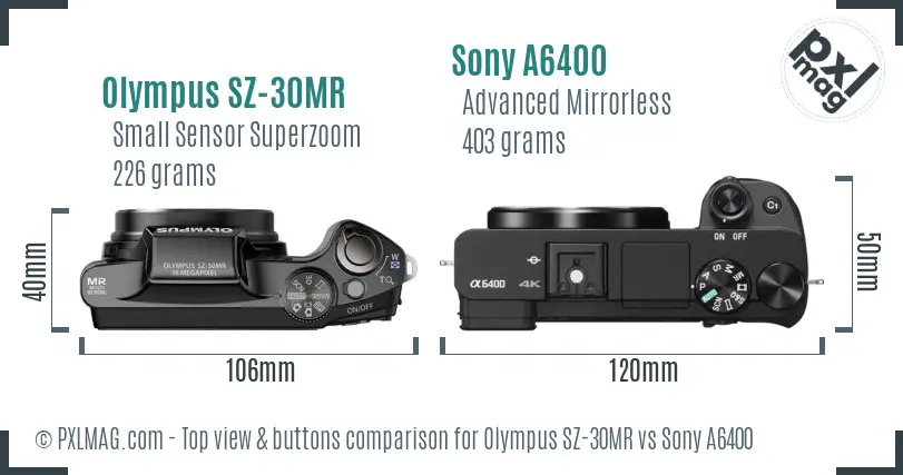 Olympus SZ-30MR vs Sony A6400 top view buttons comparison