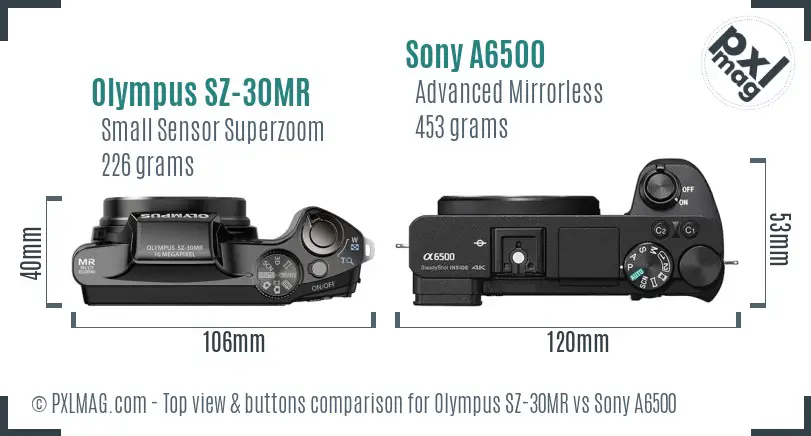 Olympus SZ-30MR vs Sony A6500 top view buttons comparison