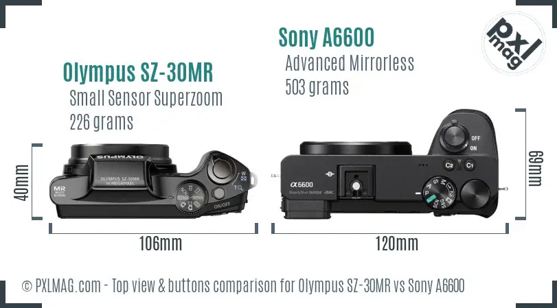 Olympus SZ-30MR vs Sony A6600 top view buttons comparison