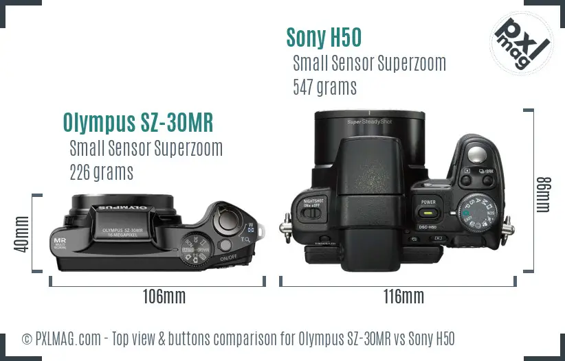 Olympus SZ-30MR vs Sony H50 top view buttons comparison