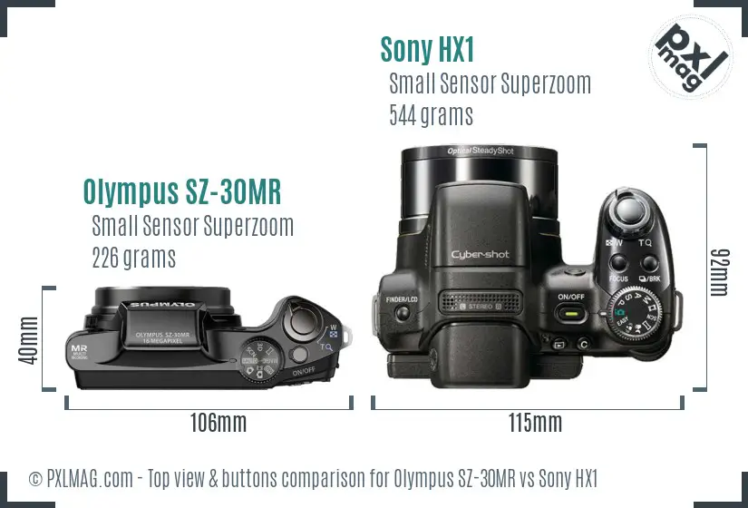 Olympus SZ-30MR vs Sony HX1 top view buttons comparison