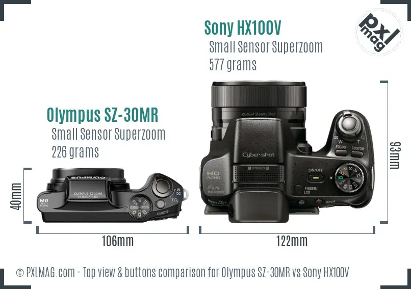 Olympus SZ-30MR vs Sony HX100V top view buttons comparison