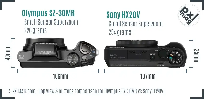 Olympus SZ-30MR vs Sony HX20V top view buttons comparison