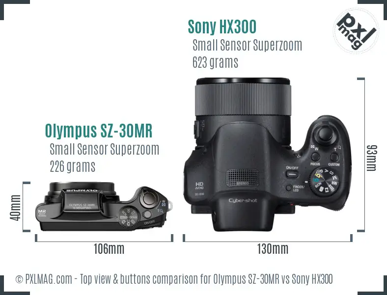 Olympus SZ-30MR vs Sony HX300 top view buttons comparison