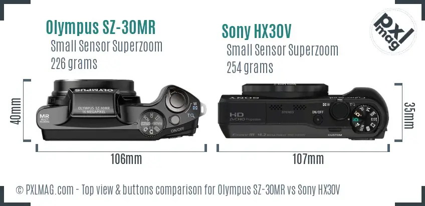 Olympus SZ-30MR vs Sony HX30V top view buttons comparison