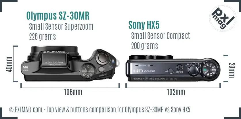 Olympus SZ-30MR vs Sony HX5 top view buttons comparison